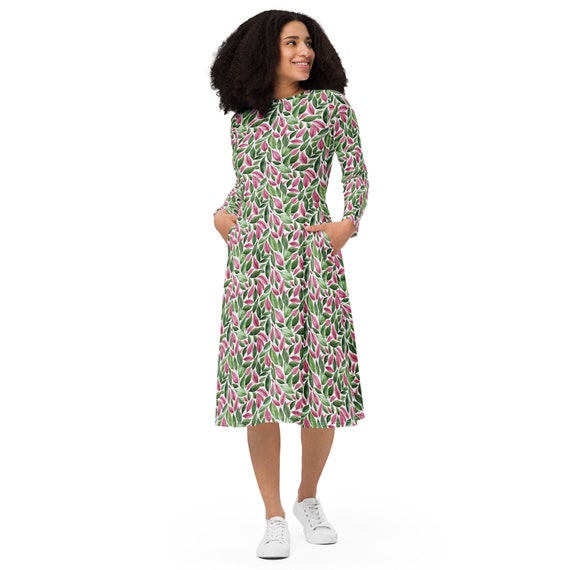 Tropical Leaves Long Sleeve Midi Dress with Pockets, Pink & Green Dress, Plus Size Dresses, Plant Mom Gift, Spring Dress