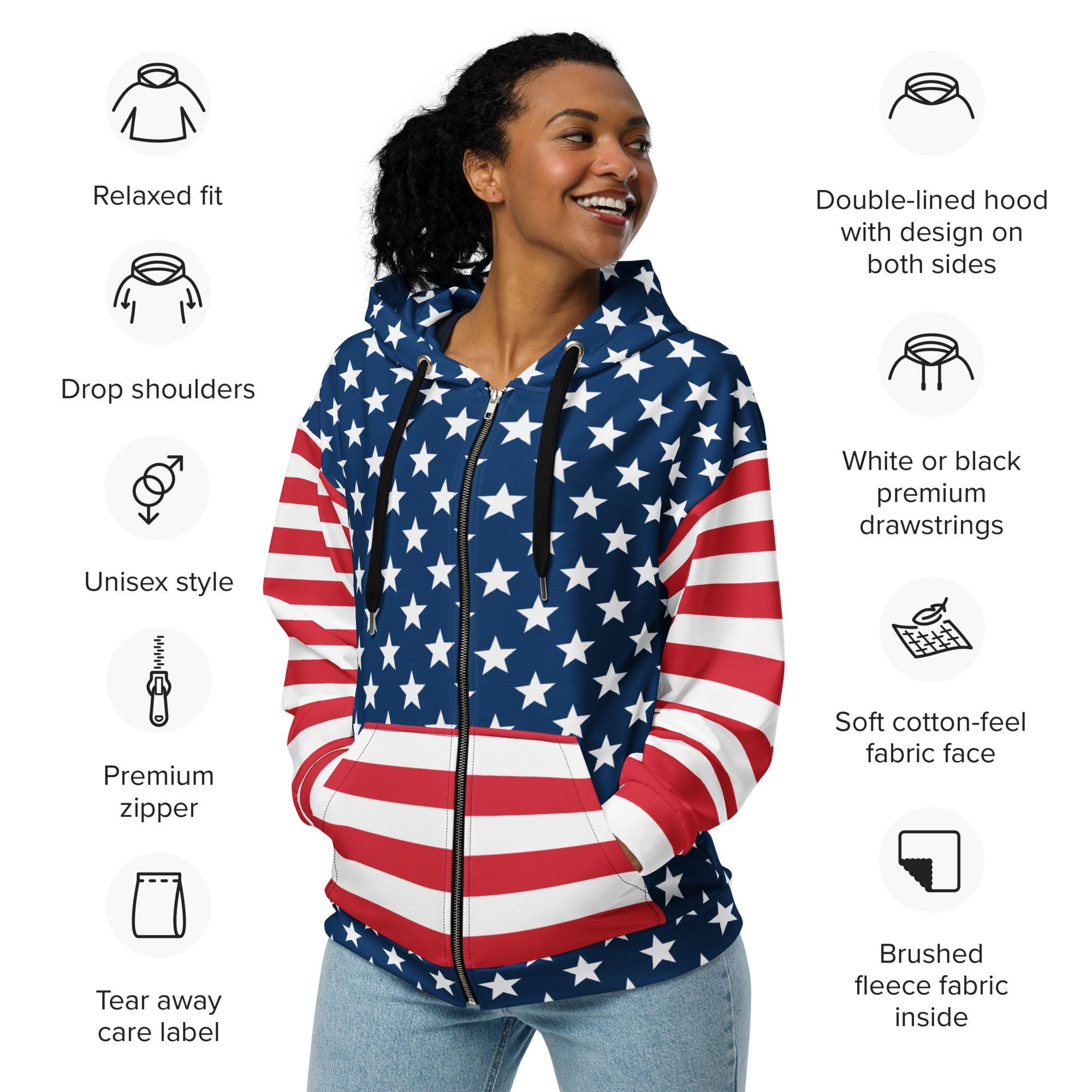 Stars & Stripes Zip Hoodie, USA Hoodie, Comfy Sweatshirt