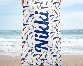 CUSTOM Shark Beach Towel, Personalized Pool Towel, Summer Vacation Gift, Sharks Towel, Beach Party Towel, Shark Lovers, Ocean Life