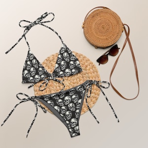 Goth string bikini, Skulls Bikini, Women&#39;s Swimsuit, Plus Size Bikini, Goth Swimsuit, Gothic Bathing Suit, Skull Bikini