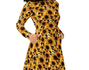Vestido midi de manga larga con diseño de girasol, vestido modesto, vestido con girasol, atuendo de primavera, regalo para mamá de plantas, regalo para ella, vestido con bolsillos