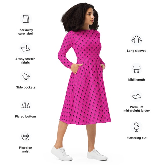 Pink Skull Crossbones Long Sleeve Dress With Pockets Women s Clothing Dress for Women Modest Dress Plus Size Dresses Halloween Dress Etsy UK