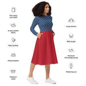 May include: A red and blue midi dress with a star print on the top half and a solid red bottom half. The dress has long sleeves, a fitted waist, and a flared bottom. It also features side pockets and a flattering cut.