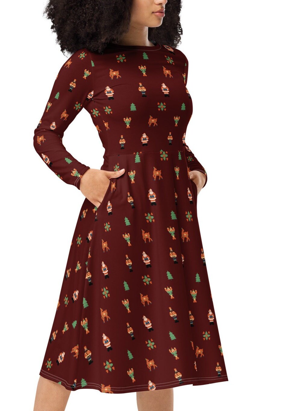 Folk Christmas Long Sleeve Dress With Pockets Folk Art Christmas X mas Party Dress Christmas Dress Etsy