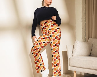 Retro Orange Circle Stems Flare Leggings for Her, Bold Abstract Pattern, Colorful Outfit, Women's Clothing