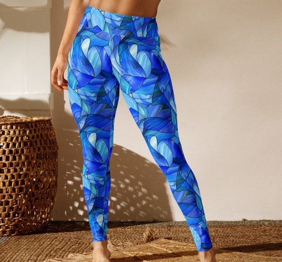 Blue Glass Yoga Leggings Women s Yoga Pants Blue Yoga Legging for Women Stylish Running Tights for Her Stain Glass Leggings