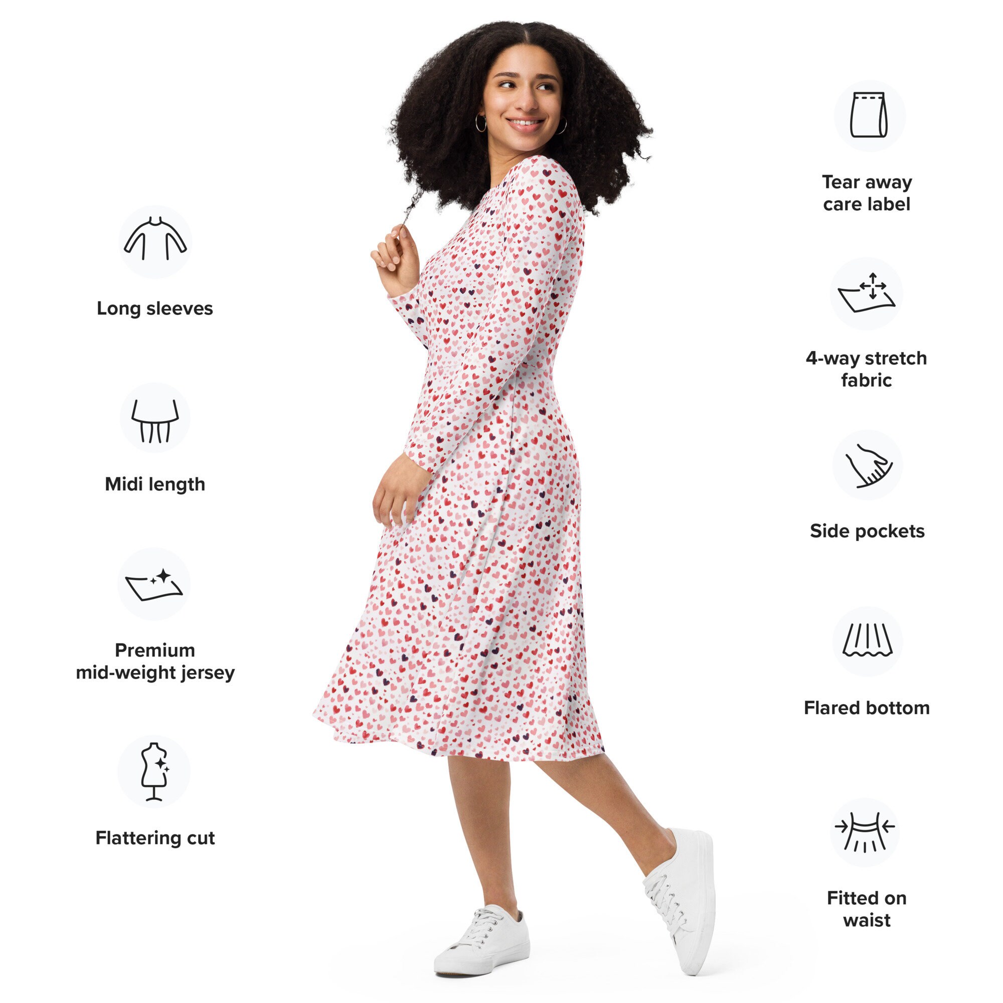 Hearts Long Sleeve Midi Dress, Valentine's Day Dress, Red and Pink Dress with Pockets, Gifts for Her, Valentines Dress
