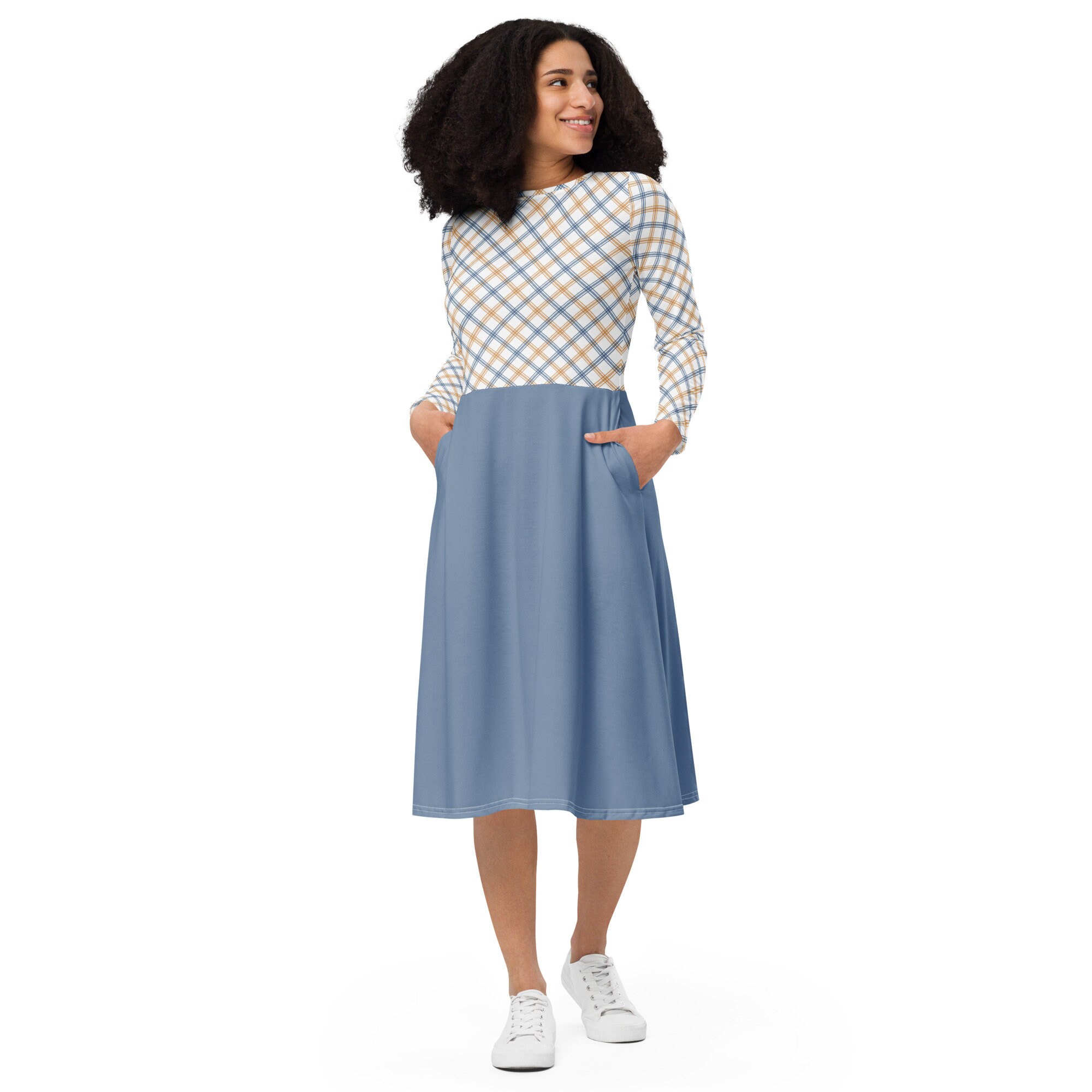 Blue Plaid Midi Dress with Pockets: Long Sleeve Flared Skirt