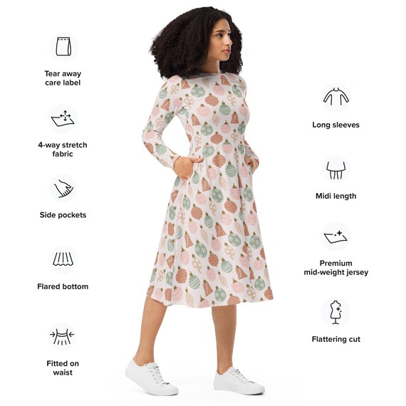 Christmas Ornaments Long Sleeve Dress with Pockets, Holiday Dress Gift, Christmas Dress, Plus Size Dresses, X-Mas Dress for Women Christmas Ornaments Long Sleeve Dress with Pockets, Holiday Dress Gift, Christmas Dress, Plus Size Dresses, X-Mas Dress for Women
