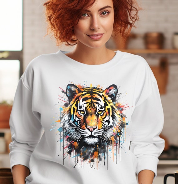 Graffiti Tiger Crewneck Sweatshirt Urban Graffiti Trendy Sweat Shirt Christmas Gift Streetwear Cozy Warm Crew Neck Animal Art
