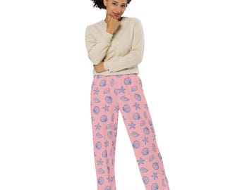 Pastel Seashell Wide-Leg Pants, Beach Vacation Outfit, Coastal Summer Resort Style, Unique Print Clothing