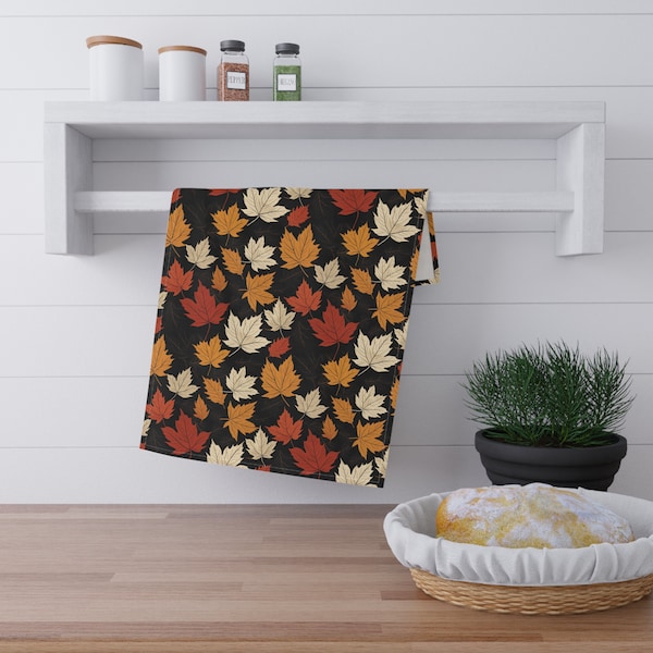 Autumn Leaves Kitchen Towel, Fall kitchen decor, decorative dish towel, housewarming gift, new apartment present