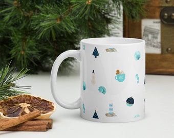 Coastal Christmas glossy mug, holidays on the shore, unique fun coffee cup design