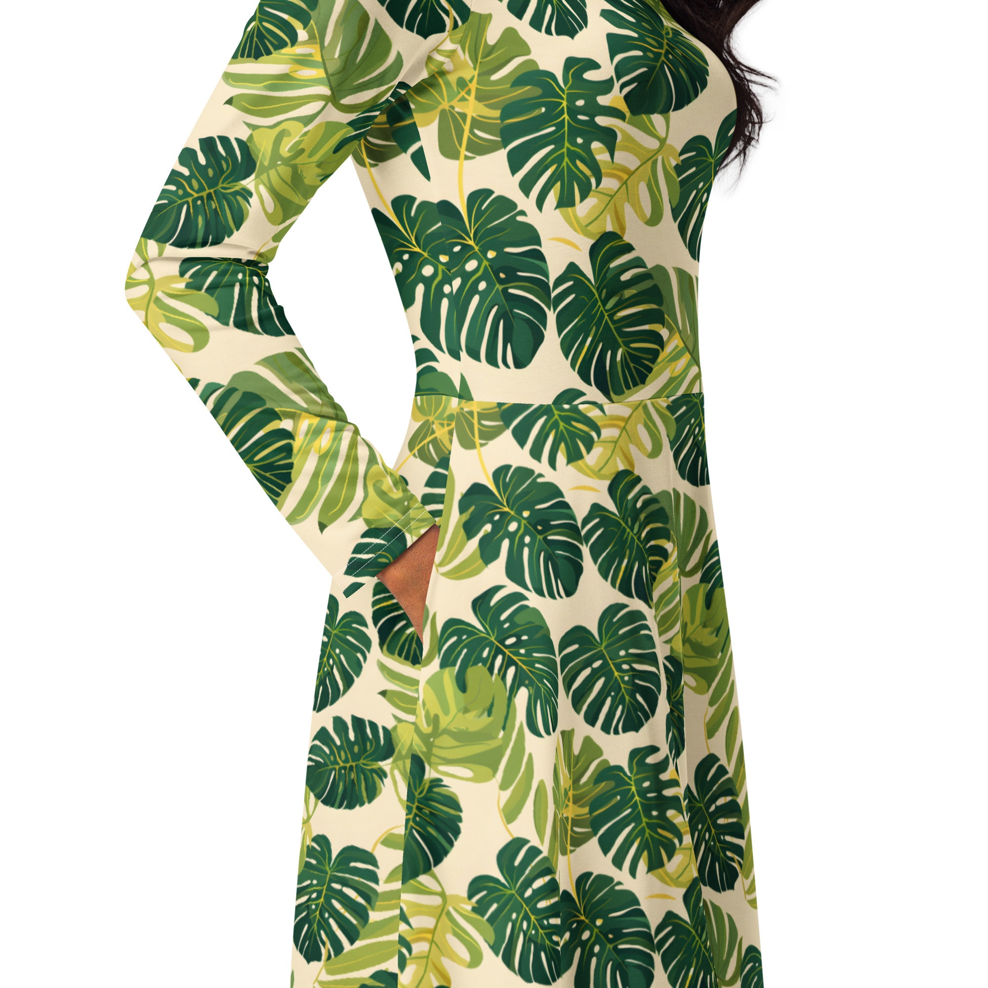Monstera Leaf Midi Dress with Pockets: Long Sleeve Floral Plant Lover Dress