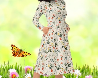 Wildflowers long sleeve midi dress with pockets, Floral Print, Spring Dress, Easter Outfit, Large Sized Dresses, Modest Dress