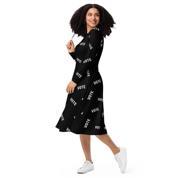 Black Vote Long Sleeve Midi Dress with Pockets, Vote Dress, Plus Size Dresses for Women, Election Dress for Her, Voter Activism Outfit