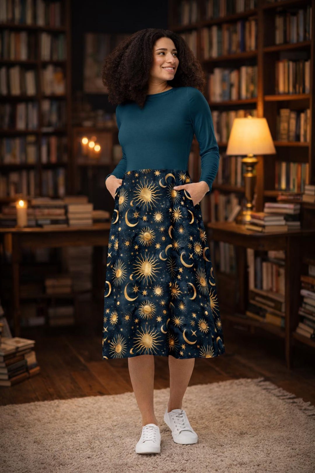 Celestial Midi Dress | Sun Moon Stars Boho Dress | Astrology Navy Gold ...