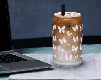 Pink Butterfly Can-Shaped Glass: Cottagecore Drinkware