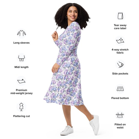 Purple Roses Midi Dress with Pockets: Long Sleeve Spring Dress Purple Roses Midi Dress with Pockets: Long Sleeve Spring Dress