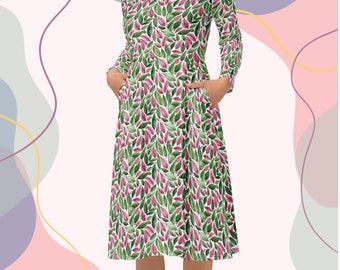 Tropical Leaves long sleeve midi dress with pockets, Pink & Green Dress, Plus Size Dresses, Plant Mom Gift, Spring Dress
