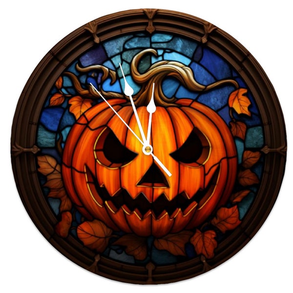 Jack O' Lantern Stained Glass Print Frameless Wall Clock Halloween Pumpkin Clock Numberless 12"/15"