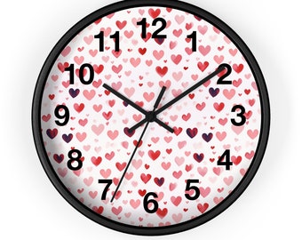 Watercolor Hearts Wall Clock, Analog Clock, Valentine&#39;s Day Gift, Housewarming Present, Decorative wall clock, Gifts for her, Hearts Clock
