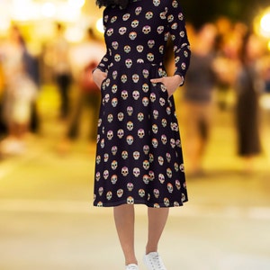Day of the Dead long sleeve midi dress with pockets, Sugar Skulls Dress, Halloween Dress, Día de los Muertos
