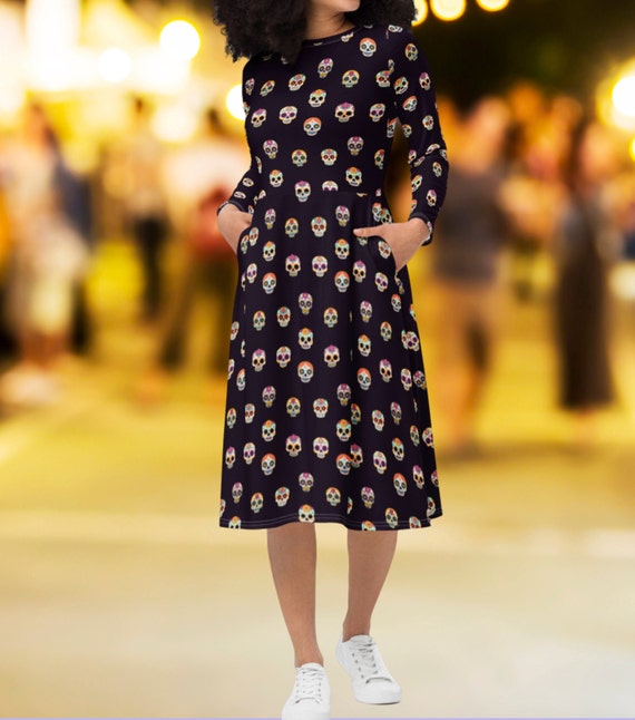 Day of the Dead Long Sleeve Midi Dress With Pockets, Sugar Skulls Dress,  Halloween Dress, Da De Los Muertos - Etsy Israel