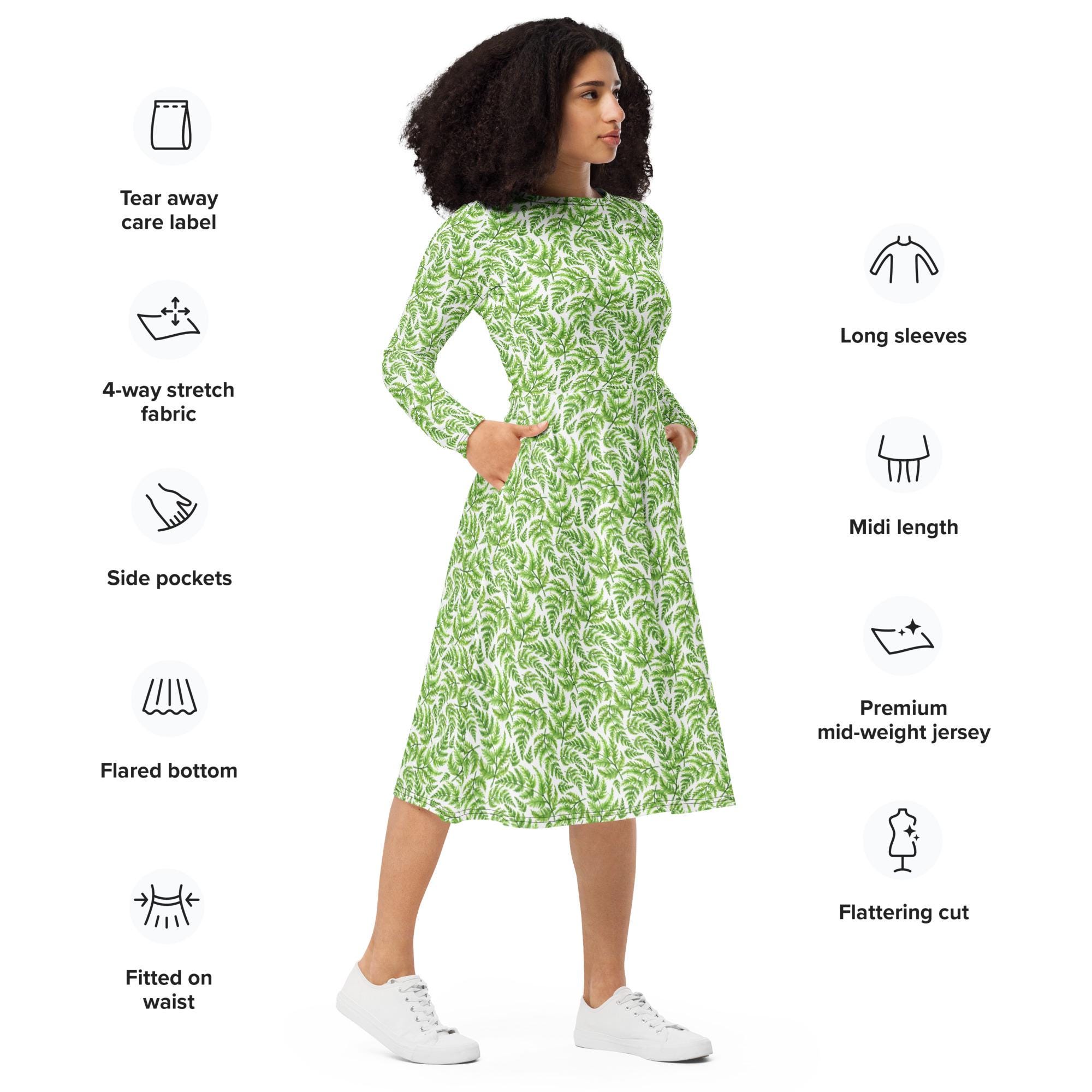 green fern print dress Botanical Midi with Pockets | Nature Long Sleeve Dress jan 2023 markdown