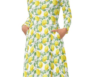 Lemon print long sleeve midi dress, Dress with pockets, Floral print dress,  Fruit Flowers Dress, Lemon Dress, plus size dresses for women