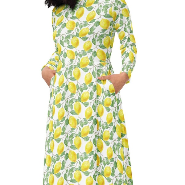 Lemon print long sleeve midi dress, Dress with pockets, Floral print dress, Fruit & Flowers Dress, Lemon Dress, plus sized dresses