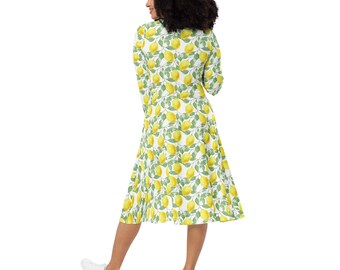 Lemon Print Long Sleeve Midi Dress, Dress With Pockets, Floral Print Dress,  Fruit & Flowers Dress, Lemon Dress, Plus Size Dresses for Women - Etsy