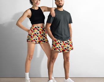 Modern Fan Leaf Unisex Athletic Shorts, Red Mustard Botanical Pattern, Sophisticated Fall Outfit