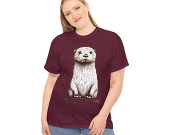 Camiseta de algodón de nutria, camiseta de animales, camisa de nutria linda, camiseta de arte, camisa de animales, regalo de Navidad, camiseta de animales geniales, camiseta de nutria marina, cuello redondo