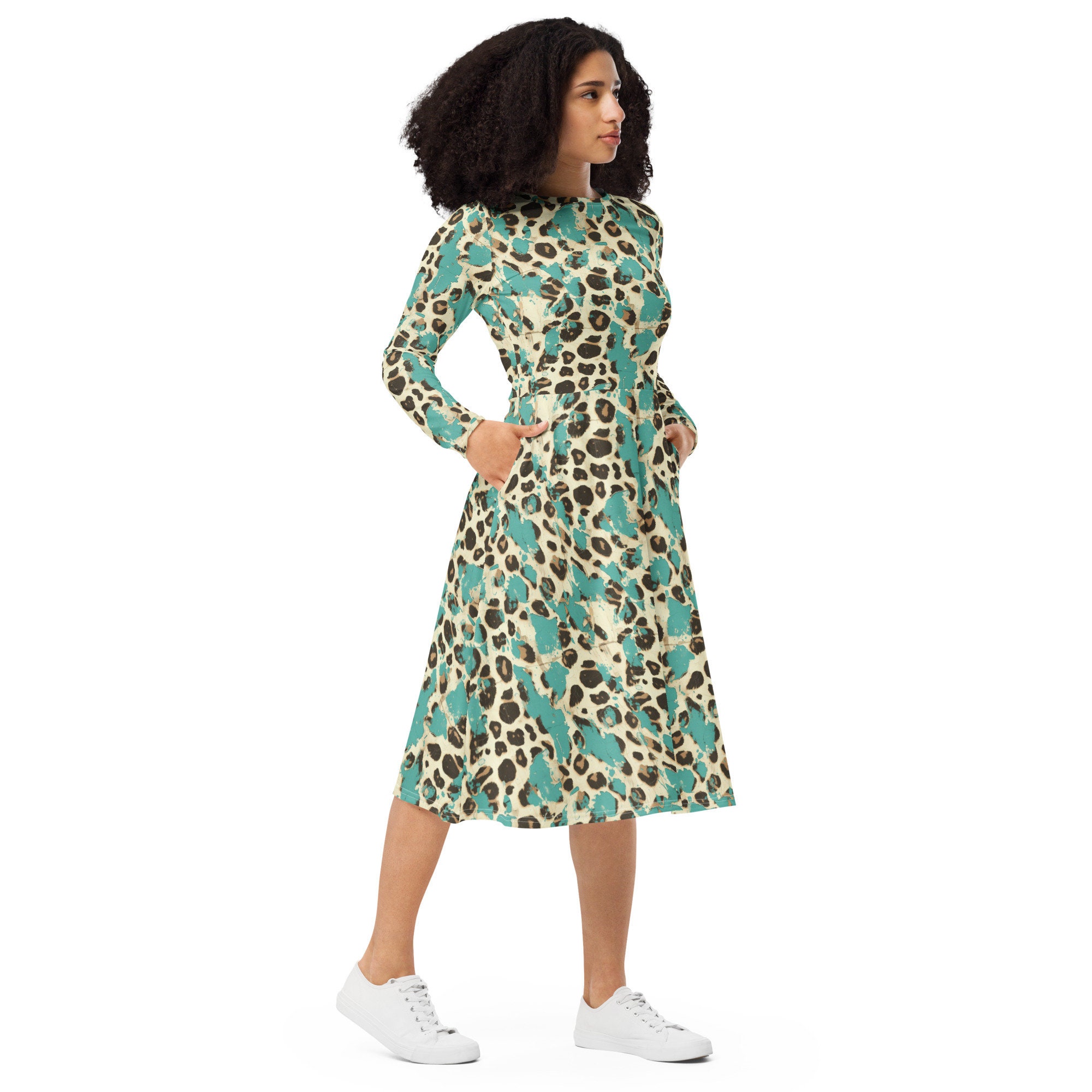 Turquoise Cheetah Print Midi Dress with Pockets