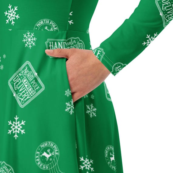 Green North Pole Express Midi Dress with Pockets - Christmas Long Sleeve Green North Pole Express Midi Dress with Pockets - Christmas Long Sleeve
