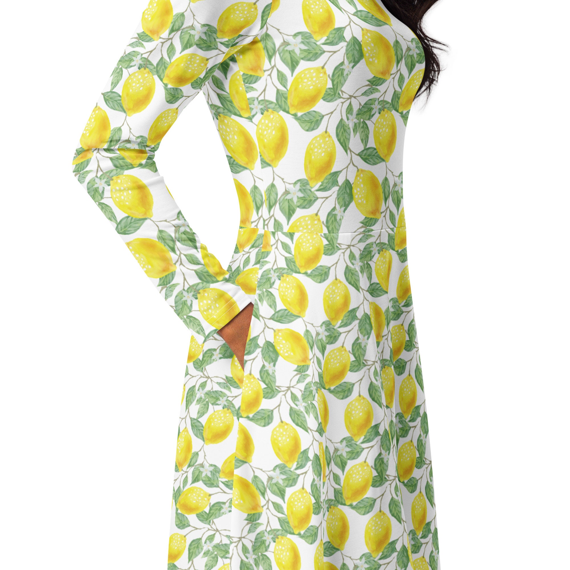 Lemon Print Long Sleeve Midi Dress, Dress with Pockets, Floral Print Dress, Fruit & Flowers Dress, Lemon Dress, Plus Size Dresses for Women