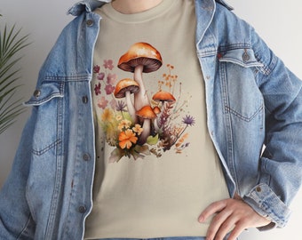 Vilda svampar T-shirt i kraftig bomull, Svamp-T-shirt, Cottagecore-T-shirt, Vildblommig T-shirt, Botanisk T-shirt, Vintage svampar,