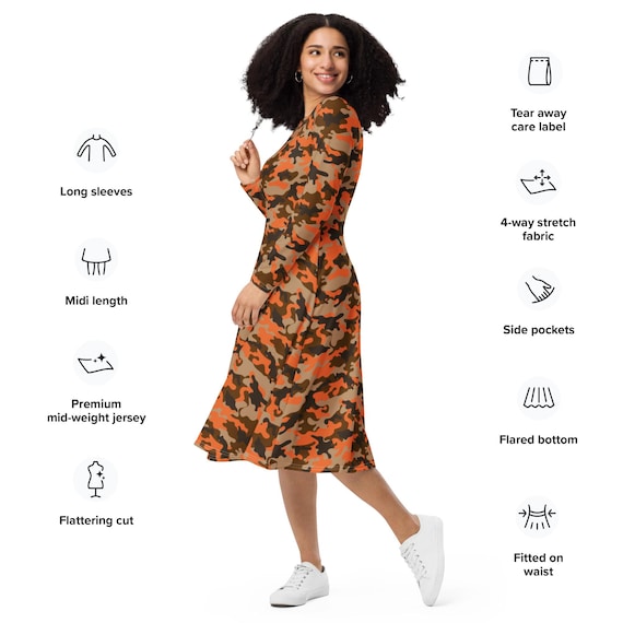 womens jersey dress with pockets Camo Midi Pockets: Long Sleeve Knit category:bottoms