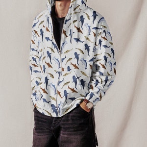 Sharks Zip Up Hoodie, Shark Sweatshirt, Sharks Hooded Sweatshirt, Gift for Animal Lovers, Whale Shark, Hammerhead Shark Hoodie Gift