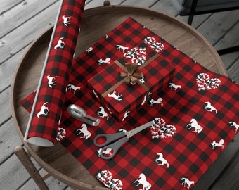 Rot kariertes Pferd Geschenkpapier, Weihnachten, Geburtstag, Geschenkpapier, einzigartiges Geschenkpapier, Geschenke für Pferdeliebhaber,