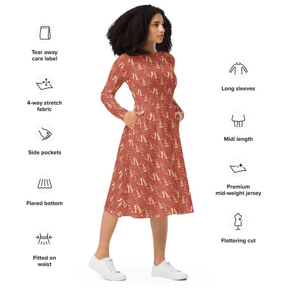 Red Christmas Long Sleeve Midi Dress with Pockets, Christmas Dress, Plus Size Dress, X-Mas Party Dress, Midi Dress, Modest Dress for Women