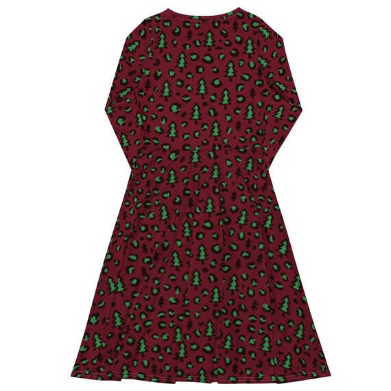Leopard Print Christmas Trees Long Sleeve Dress With Pockets, Women's Clothing, Plus Size Holiday Season Dress for Women, Funny Christmas