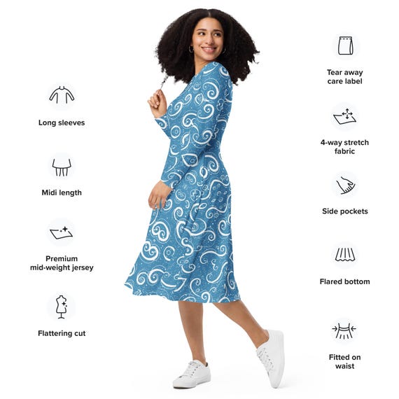 Winter Winds Long Sleeve midi Dress with Pockets, Blue Holiday Season Dress For Her, Women;s Clothing, Long Sleeve Modest Dress For Women