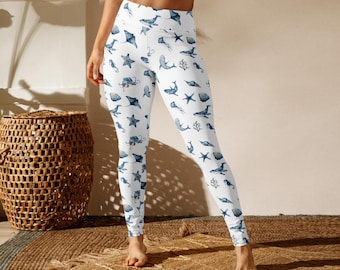 Sea Life Yoga Leggings, Yoga Pants for Women Ocean Leggings, Sealife Yoga Leggings, Workout Tights, Coastal Life Tights for Her