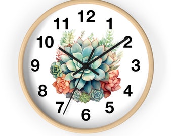 Watercolor Succulent Wall Clock, Plant art home decor, analog wall clock, unique fun gift idea, floral decorations