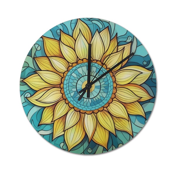 Frameless Sunflower Stained Glass Print Non-ticking Numberless Wooden Wall Clock