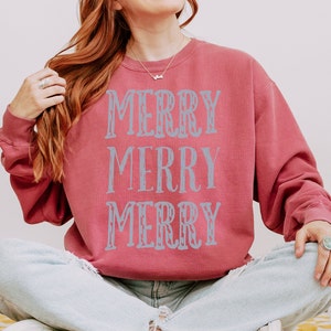 Comfortkleuren Merry Merry Merry Sweatshirt, Merry Christmas-shirt, X-Mas Family-sweatshirt, gezellige winteroutfit, trendy trui met ronde hals