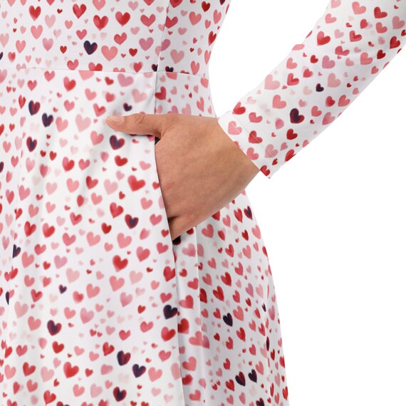 Hearts Long Sleeve Midi Dress, Valentine's Day Dress, Red and Pink Dress with Pockets, Gifts for Her, Valentines Dress