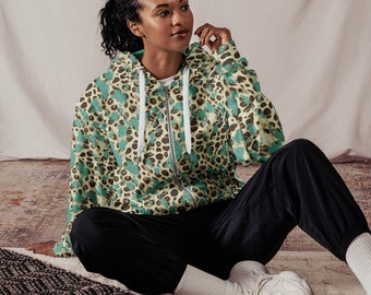Turquoise Cheetah Print Zip Hoodie: Recycled Polyester Sweatshirt